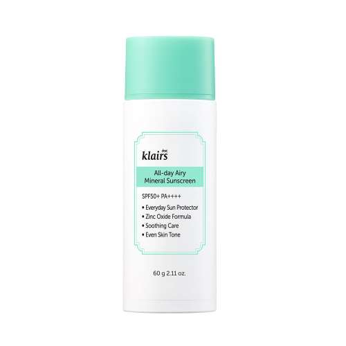 Klairs: All-Day Airy Mineral Sunscreen SPF50+ PA++++ with Zinc For Acne Prone & Sensitive Skin 60gm