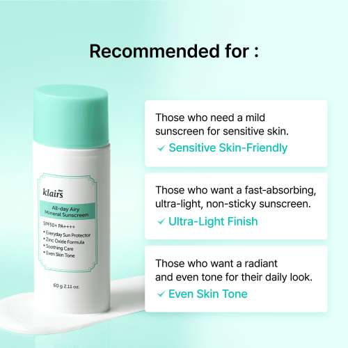 Klairs: All-Day Airy Mineral Sunscreen SPF50+ PA++++  - 60gm