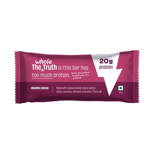 The Whole Truth: High Protein Double Cocoa 20g Protein Bar - Pack of 5 x 67g each - No Preservatives - No Artificial Flavours - All Natural