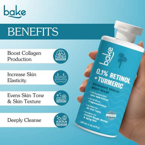 Bake Cosmetics: 0.1% Retinol & Turmeric Renewing Serum Body Wash for Anti-Aging  Smooths Skin & Improves Elasticity 300ml