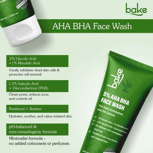Bake Cosmetics: 5% AHA BHA Face Wash with 1.5% Salicylic Acid for Acne, Open Pores, Dark Spots & Oil Control 100ml