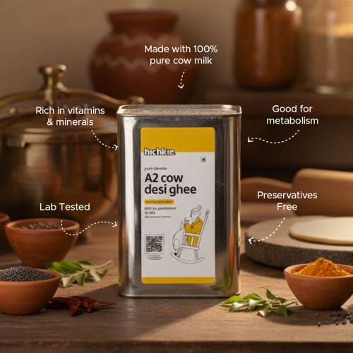 Hichkie: A2 Cow Desi Ghee | Bilona Method | Curd-Churned | Lab Tested  | 5Ltr