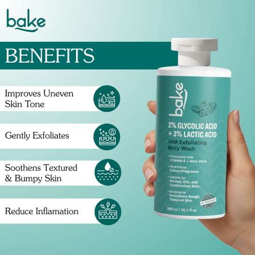 Bake Cosmetics: 2% Glycolic Acid + 3% Lactic Acid AHA Body Wash for Tan Removal, Strawberry Skin, Rough & Bumpy Skin 300ml