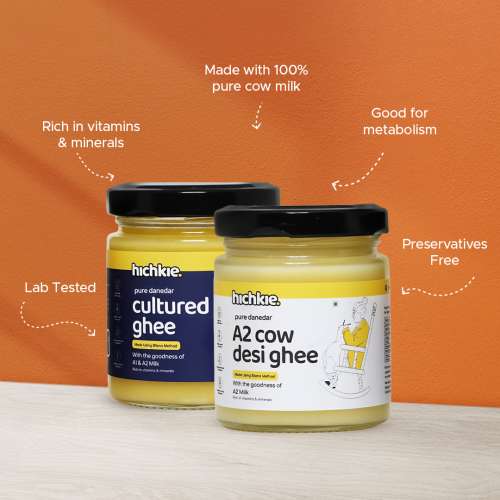 Hichkie: A2 Cow Desi Ghee |Cultured Ghee | Bilona Method | Lab Tested.| Pack of 2|180ml