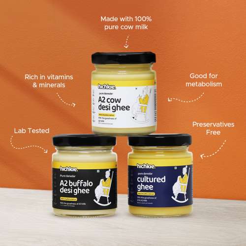Hichkie: A2 Cow Desi Ghee |Buffalo Ghee | Cultured Ghee | Bilona Method | Lab Tested | Pack of 3 |100ml