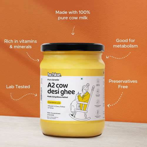 Hichkie: A2 Cow Desi Ghee | Bilona Method | Curd-Churned | Lab Tested  | 500ml | Pack of 2