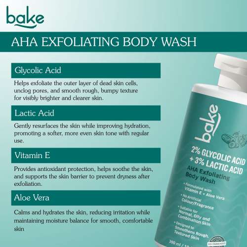 Bake Cosmetics: 2% Glycolic Acid + 3% Lactic Acid AHA Body Wash for Tan Removal, Strawberry Skin, Rough & Bumpy Skin 300ml