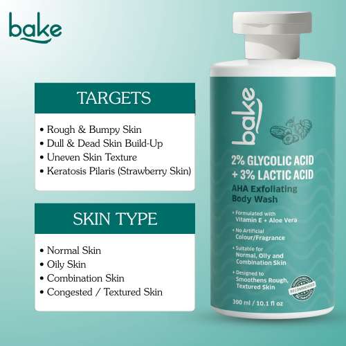 Bake Cosmetics: 2% Glycolic Acid + 3% Lactic Acid AHA Body Wash for Tan Removal, Strawberry Skin, Rough & Bumpy Skin 300ml