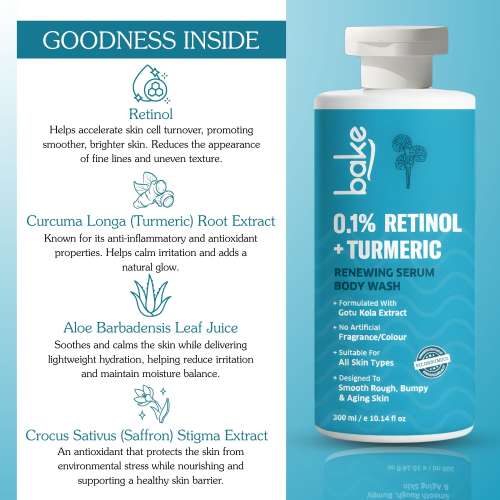 Bake Cosmetics: 0.1% Retinol & Turmeric Renewing Serum Body Wash for Anti-Aging  Smooths Skin & Improves Elasticity 300ml