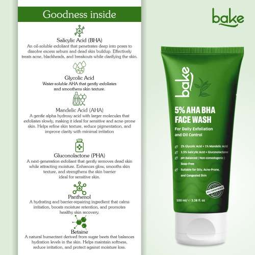 Bake Cosmetics: 5% AHA BHA Face Wash with 1.5% Salicylic Acid for Acne, Open Pores, Dark Spots & Oil Control 100ml