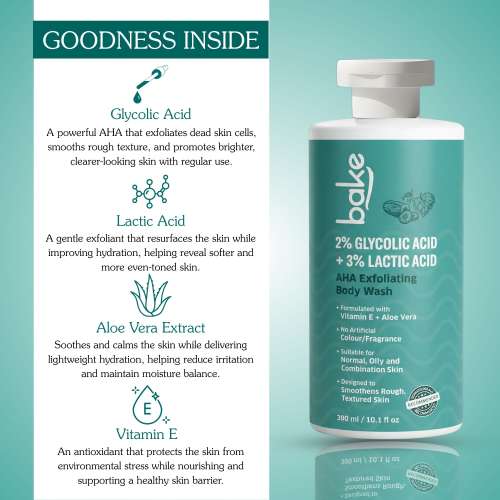 Bake Cosmetics: 2% Glycolic Acid + 3% Lactic Acid AHA Body Wash for Tan Removal, Strawberry Skin, Rough & Bumpy Skin 300ml