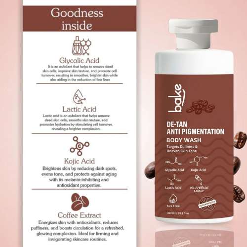 Bake Cosmetics: De-Tan Anti-Pigmentation Coffee Body Wash with Kojic, Glycolic & Lactic Acid for Spots, Pigmentation & Tan Removal 300ml