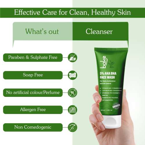 Bake Cosmetics: 5% AHA BHA Face Wash with 1.5% Salicylic Acid for Acne, Open Pores, Dark Spots & Oil Control 100ml