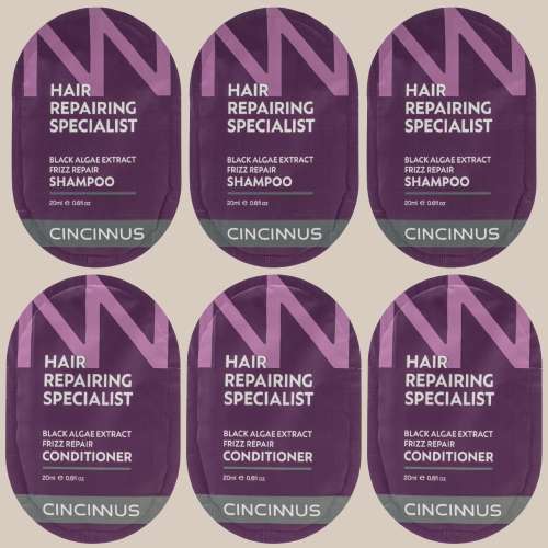 CINCINNUS: Frizz Repair Shampoo & Conditioner Combo (Black Algae Extract) - 6 Sachets x 20ml