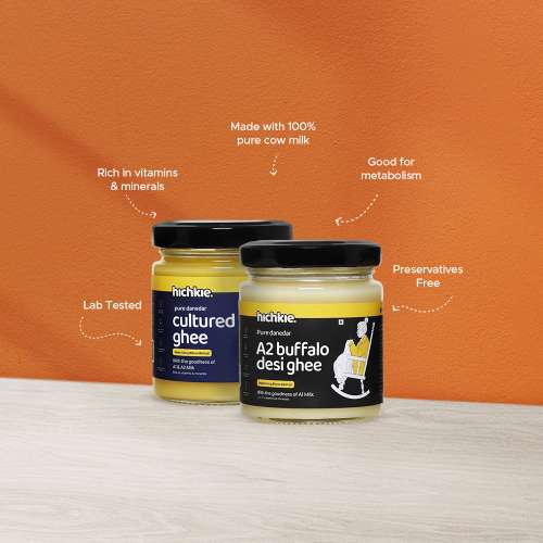 Hichkie: A2 Buffalo Desi Ghee |Cultured Ghee | Bilona Method | Lab Tested |Pack of 2|180ml