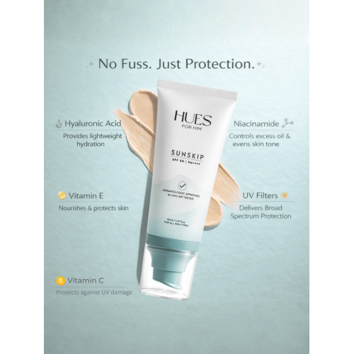 Hues for Him: Sun Skip Sunscreen SPF 50 + PA++++ | Broad Spectrum UVA/UVB Protection | Lightweight Matte, No White Cast | With Vitamin C, Niacinamide & Hyaluronic Acid | Daily Face Sunscreen for Men