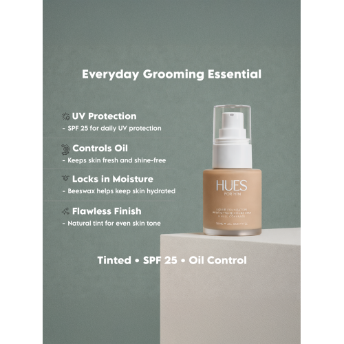 Hues for Him: Foundation | Full-coverage, lightweight, hydrating fit | Natural finish for all-day wear | Oil control, perfect for mens faces | For all skin types | 4 shades incl. Golden Bronze | 20ml