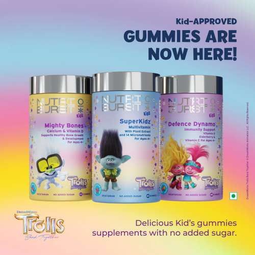 NUTRIBURST: Super Kidz Trolls Gummies - 13 Essential Vit & Mins for Growth & Immune Support - Sugar-Free, Gluten-Free, Mixed Fruit Flavor, Chewable, Vegan - For Kids Aged 4+, 220gm