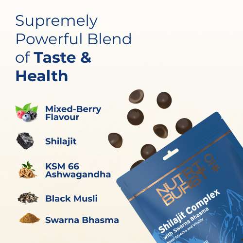 NUTRIBURST: Shilajit Resin Gummies, Ayurvedic Herbal Blend with Swarna Bhasma, KSM-66 Ashwagandha, Black Musli and Ginger, Natural Energy & Vitality Boost, Mixed-Berry Flavor 10 Gummies