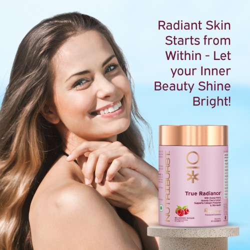 NUTRIBURST: True Radiance Gummies for Collagen Improvement Raspberry Collagen Gummies with Orange Peel Acerola Cherry & Sea Buckthorn, No Added Sugar Enhance Elasticity & Health skin 150gm