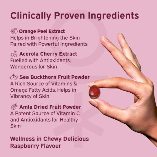 NUTRIBURST: True Radiance Gummies for Collagen Improvement Raspberry Collagen Gummies with Orange Peel Acerola Cherry & Sea Buckthorn, No Added Sugar Enhance Elasticity & Health skin 150gm