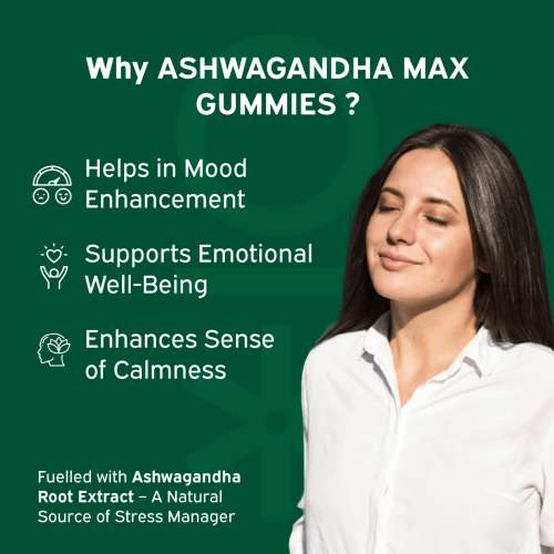 NUTRIBURST: Ashwagandha Max 500mg Gummies for Stress and Anxiety Relief Vigour, Energy, Power & Stamina Relax Refresh Mind & Body Guava Flavor Gummies, No added sugar 220gm