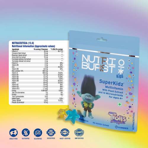NUTRIBURST: Super Kidz Trolls Gummies - 13 Essential Vitamins & Minerals for Growth & Immune Support - Sugar-Free, Gluten-Free, Mixed Fruit Flavor, Chewable, Vegan - For Kids Aged 4+, 10 Gummies