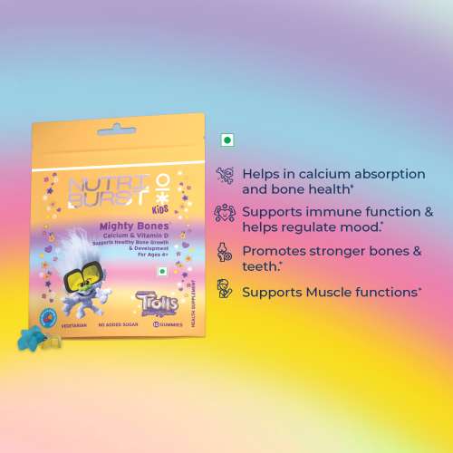 NUTRIBURST: Mighty Bones Trolls Kids Gummies - Calcium & Vitamin D for Strong Bones & Immune Support - Sugar-Free, Gluten-Free, Mixed Fruit Flavor, Chewable, Vegan - For Kids Aged 4+, 10 Gummies