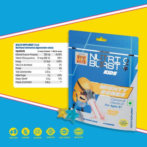 NUTRIBURST: Minions Mighty Bones Kids Gummies - Calcium & Vitamin D for Strong Bones, Immune Support - Sugar-Free, Gluten-Free, Mixed Fruit Flavor, Chewable, Vegan - For Kids Aged 4+, Pack of 1 (10 Gummies)