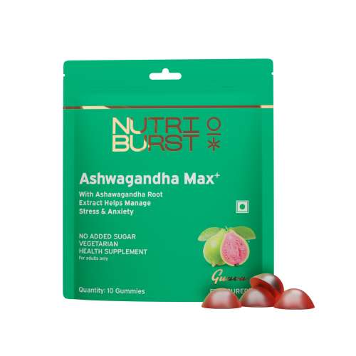 NUTRIBURST: Ashwagandha Max 500mg Gummies for Stress and Anxiety Relief Vigour, Energy, Power & Stamina Relax Refresh Mind & Body Guava Flavor Gummies, No added sugar 10 Gummy