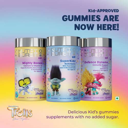 NUTRIBURST: Mighty Bones Trolls Kids Gummies - Calcium & Vit D for Strong Bones & Immune Support - Sugar-Free, Gluten-Free, Mixed Fruit Flavor, Chewable, Vegan - For Kids Aged 4+, 220gm