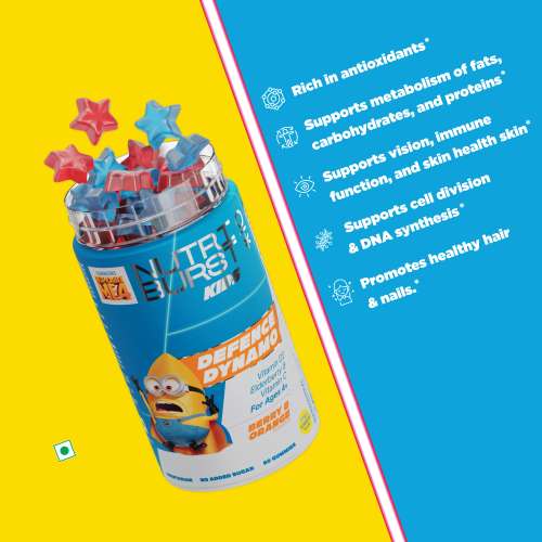 NUTRIBURST: Mighty Bones minions Kids Gummies - Calcium & Vit D for Strong Bones & Immune Support - Sugar-Free, Gluten-Free, Mixed Fruit Flavor, Chewable, Vegan - For Kids Aged 4+, 220gm