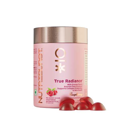 NUTRIBURST: True Radiance Gummies for Collagen Improvement Raspberry Collagen Gummies with Orange Peel Acerola Cherry & Sea Buckthorn, No Added Sugar Enhance Elasticity & Health skin 150gm