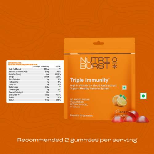 NUTRIBURST: Triple Immunity Gummies with Vitamin C, Zinc and Amla extract No-Added Sugar Orange Flavor 100% Vegetarian 10 Gummy