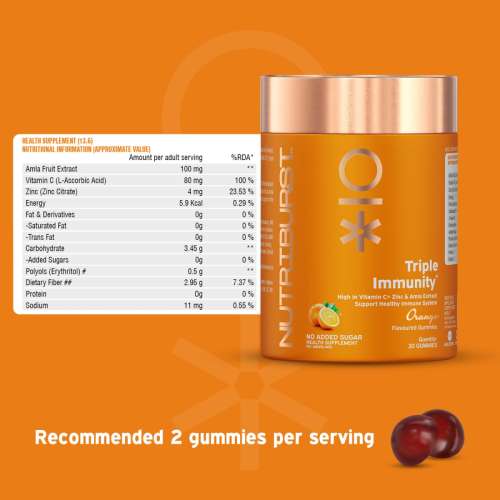 NUTRIBURST: Triple Immunity Gummies with Vitamin C, Zinc and Amla extract No-Added Sugar Orange Flavor 100% Vegetarian 150gm