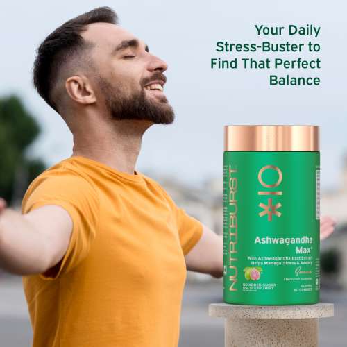 NUTRIBURST: Ashwagandha Max 500mg Gummies for Stress and Anxiety Relief Vigour, Energy, Power & Stamina Relax Refresh Mind & Body Guava Flavor Gummies, No added sugar 220gm