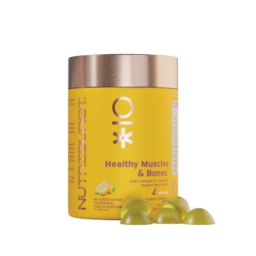 NUTRIBURST: Healthy Muscles & Bones Gummies with Calcium & Vitamin D to Boosts Immunity No-AddedSugar Lemon Flavor 100% Vegetarian 150gm