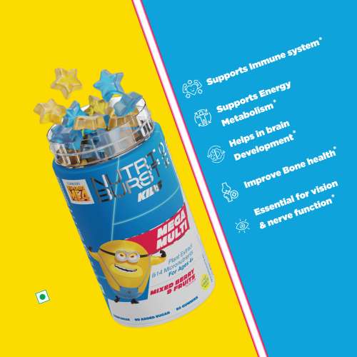 NUTRIBURST: Minions Mega Multi Kids Gummies - 13 Essential Vit & Mins for Growth & Immune Support - Sugar-Free, Gluten-Free, Mixed Fruit Flavor, Chewable, Vegan - For Kids Aged 4+, 220gm