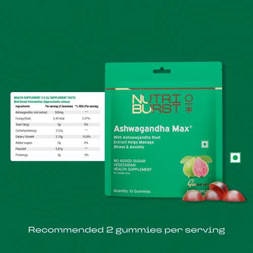 NUTRIBURST: Ashwagandha Max 500mg Gummies for Stress and Anxiety Relief Vigour, Energy, Power & Stamina Relax Refresh Mind & Body Guava Flavor Gummies, No added sugar 10 Gummy