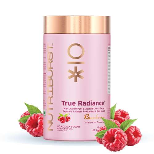 NUTRIBURST: True Radiance Gummies for Collagen Improvement Raspberry Collagen Gummies with Orange Peel Acerola Cherry & Sea Buckthorn, No Added Sugar Enhance Elasticity & Health skin 220gm