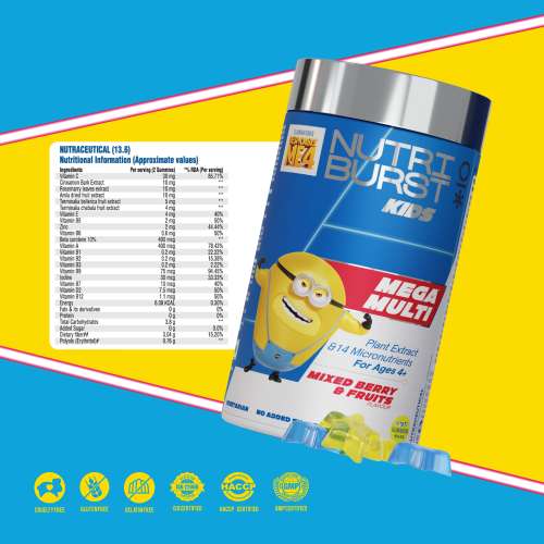 NUTRIBURST: Minions Mega Multi Kids Gummies - 13 Essential Vit & Mins for Growth & Immune Support - Sugar-Free, Gluten-Free, Mixed Fruit Flavor, Chewable, Vegan - For Kids Aged 4+, 220gm