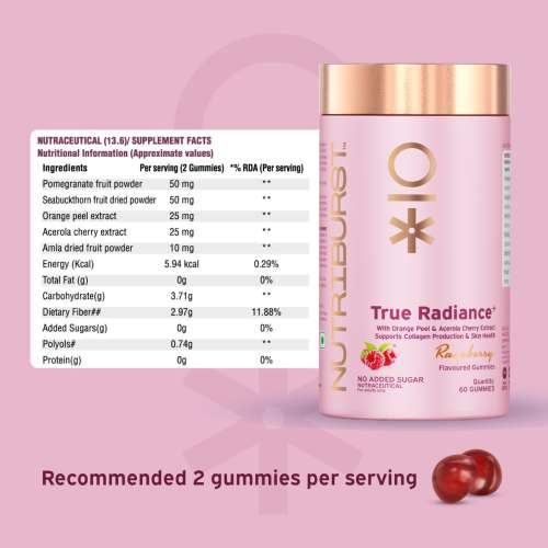 NUTRIBURST: True Radiance Gummies for Collagen Improvement Raspberry Collagen Gummies with Orange Peel Acerola Cherry & Sea Buckthorn, No Added Sugar Enhance Elasticity & Health skin 220gm