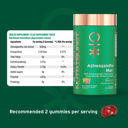 NUTRIBURST: Ashwagandha Max 500mg Gummies for Stress and Anxiety Relief Vigour, Energy, Power & Stamina Relax Refresh Mind & Body Guava Flavor Gummies, No added sugar 220gm