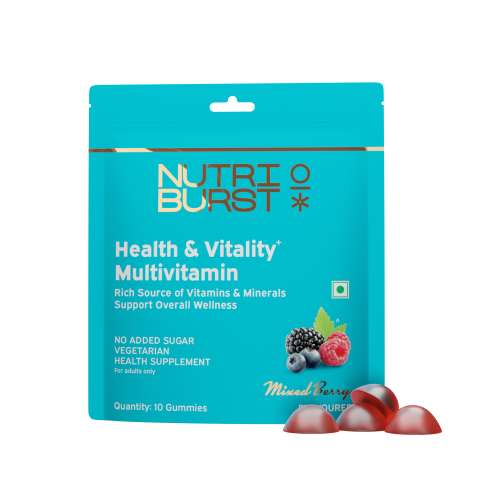 NUTRIBURST: Health & Vitality Gummies with Multi Vitamins A, B, C, D, E & Biotin No-Added Sugar Mixed Berry Flavor 100% Vegetarian 10 Gummy