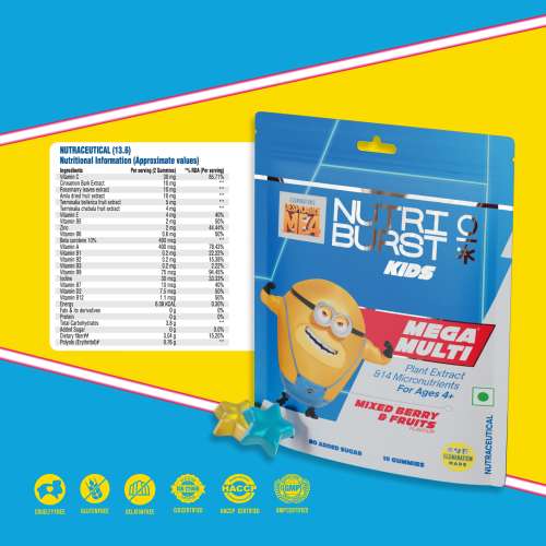 NUTRIBURST: Minions Mega Multi Kids Gummies - 13 Essential Vitamins & Minerals for Growth & Immune Support - Sugar-Free, Gluten-Free, Mixed Fruit Flavor, Chewable, Vegan - For Kids Aged 4+, 10 Gummies
