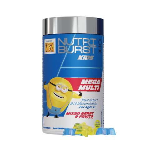 NUTRIBURST: Minions Mega Multi Kids Gummies - 13 Essential Vit & Mins for Growth & Immune Support - Sugar-Free, Gluten-Free, Mixed Fruit Flavor, Chewable, Vegan - For Kids Aged 4+, 220gm