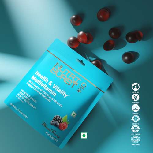 NUTRIBURST: Health & Vitality Gummies with Multi Vitamins A, B, C, D, E & Biotin No-Added Sugar Mixed Berry Flavor 100% Vegetarian 10 Gummy