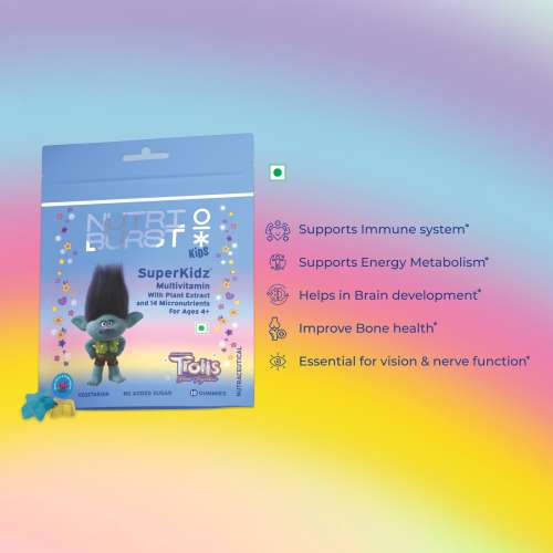 NUTRIBURST: Super Kidz Trolls Gummies - 13 Essential Vitamins & Minerals for Growth & Immune Support - Sugar-Free, Gluten-Free, Mixed Fruit Flavor, Chewable, Vegan - For Kids Aged 4+, 10 Gummies