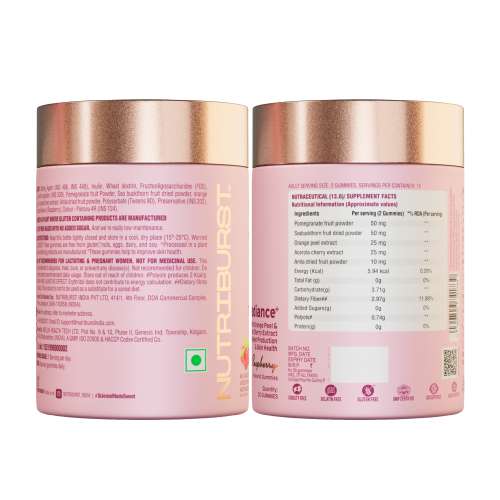 NUTRIBURST: True Radiance Gummies for Collagen Improvement Raspberry Collagen Gummies with Orange Peel Acerola Cherry & Sea Buckthorn, No Added Sugar Enhance Elasticity & Health skin 150gm