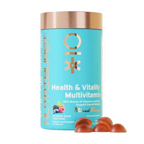 NUTRIBURST: Health & Vitality Gummies with Multi Vitamins A, B, C, D, E & Biotin No-Added Sugar Mixed Berry Flavor 100% Vegetarian 220gm